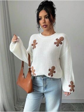 White Knit Sweater with Gingerbread Appliqués